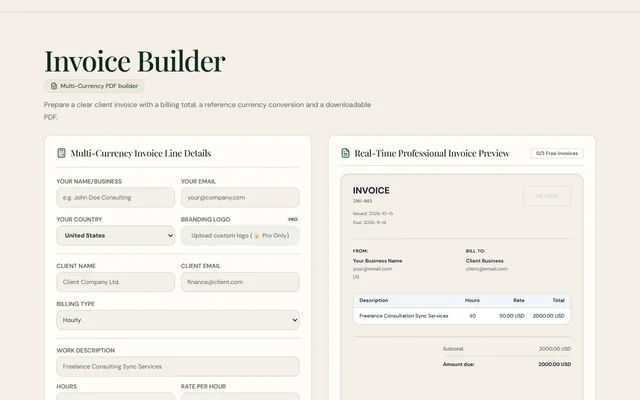Invoice Builder form with client details, line items and a currency reference line