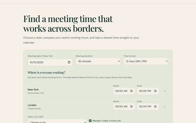 Meeting Planner comparing working hours across cities and highlighting a shared window