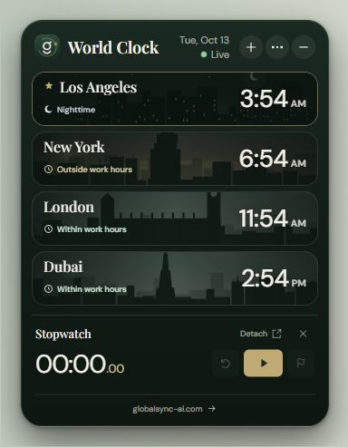 GlobalSync desktop world clock app showing live city times