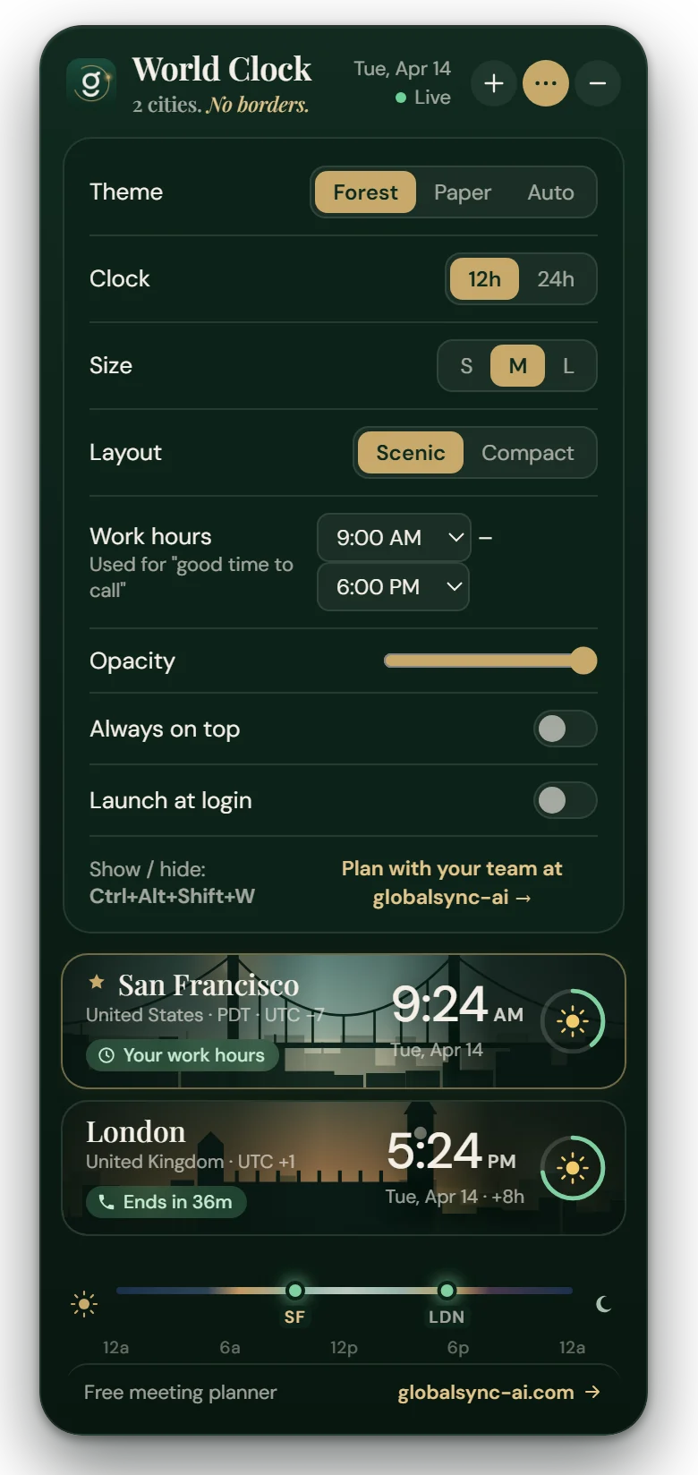 Settings: Theme, 12/24h, size, work hours, opacity and launch at login.